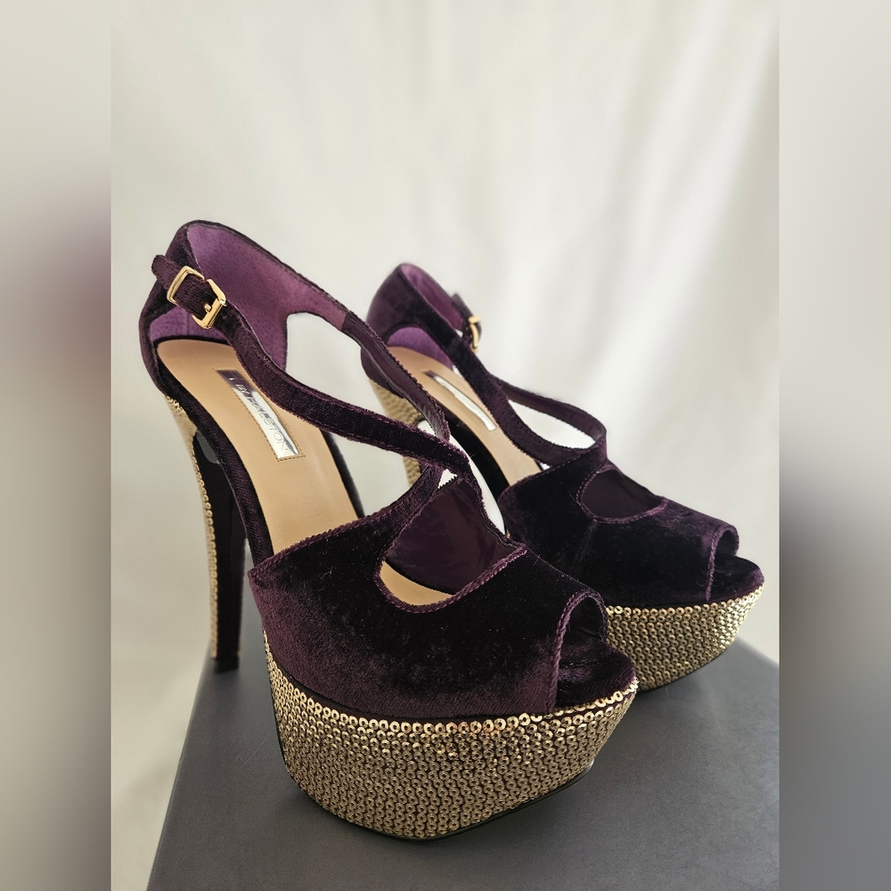 H by Halston Purple Velvet Heels with Gold Accents